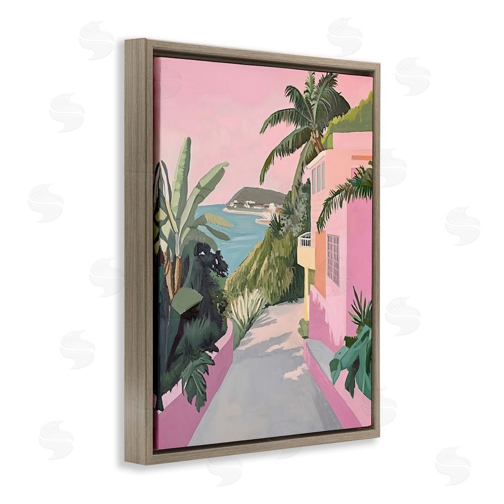 The Prints Vibe Mediterranean Pink Coastal House Brown Floating Framed Canvas Wall Art