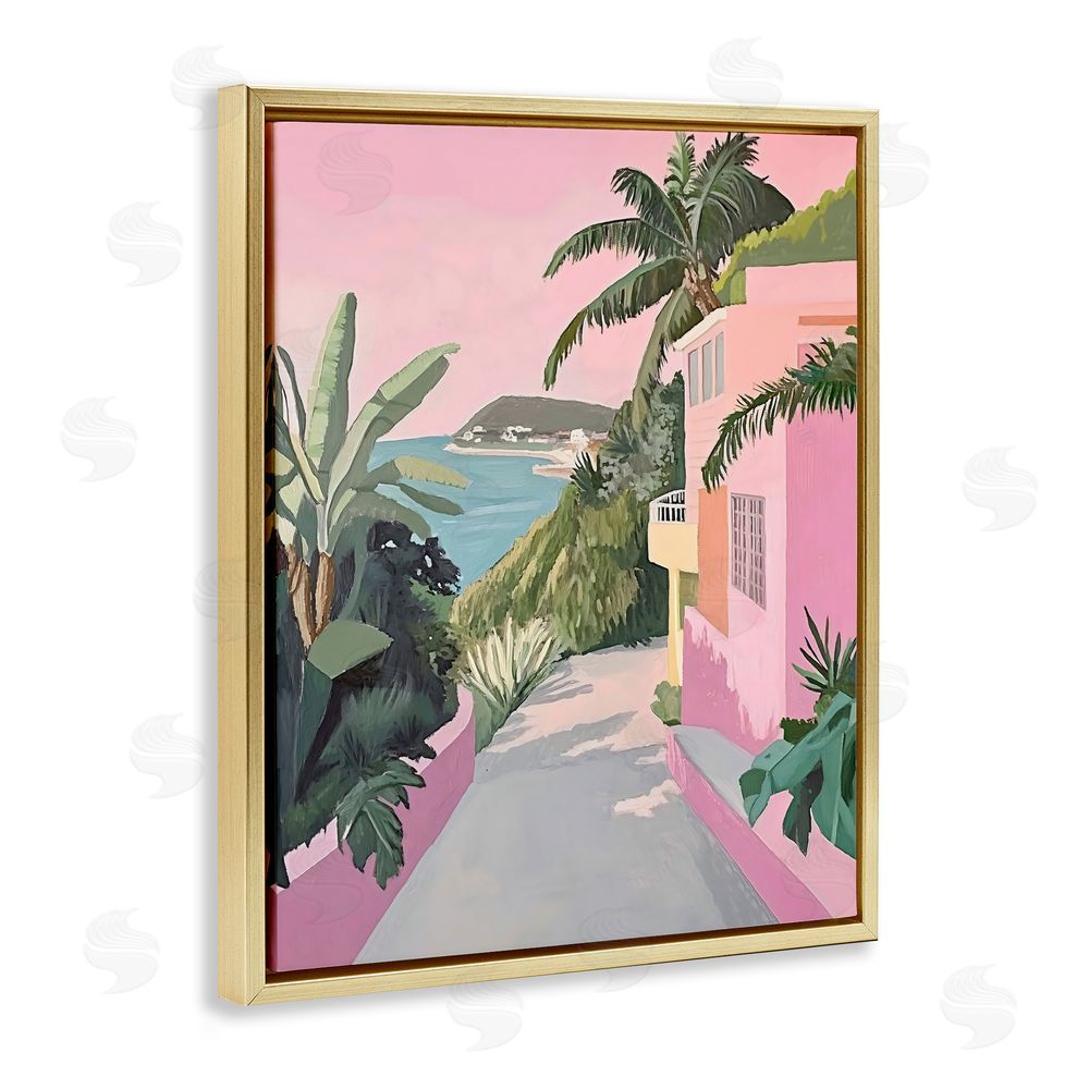 The Prints Vibe Mediterranean Pink Coastal House Gold Floating Framed Canvas Wall Art