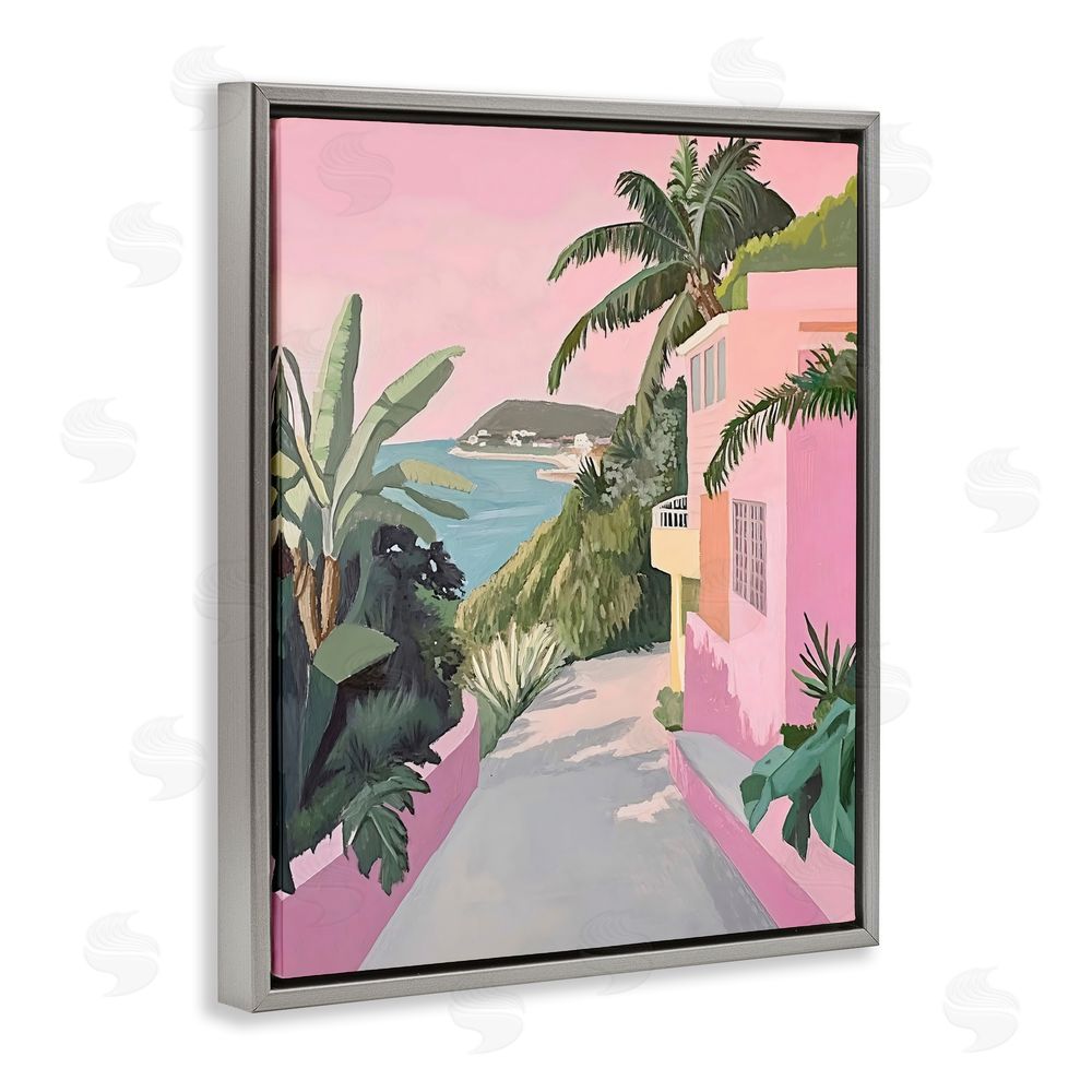 The Prints Vibe Mediterranean Pink Coastal House Gray Floating Framed Canvas Wall Art