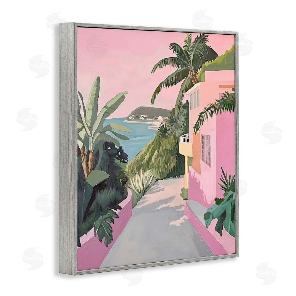 The Prints Vibe Mediterranean Pink Coastal House Gray Framed Giclee Wall Art