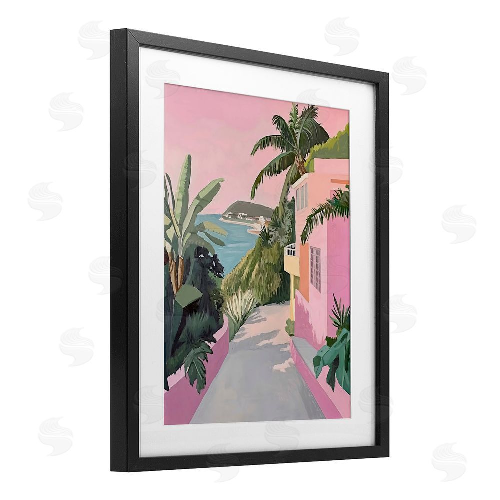 The Prints Vibe Mediterranean Pink Coastal House Black Framed Print Under Glass Wall Art