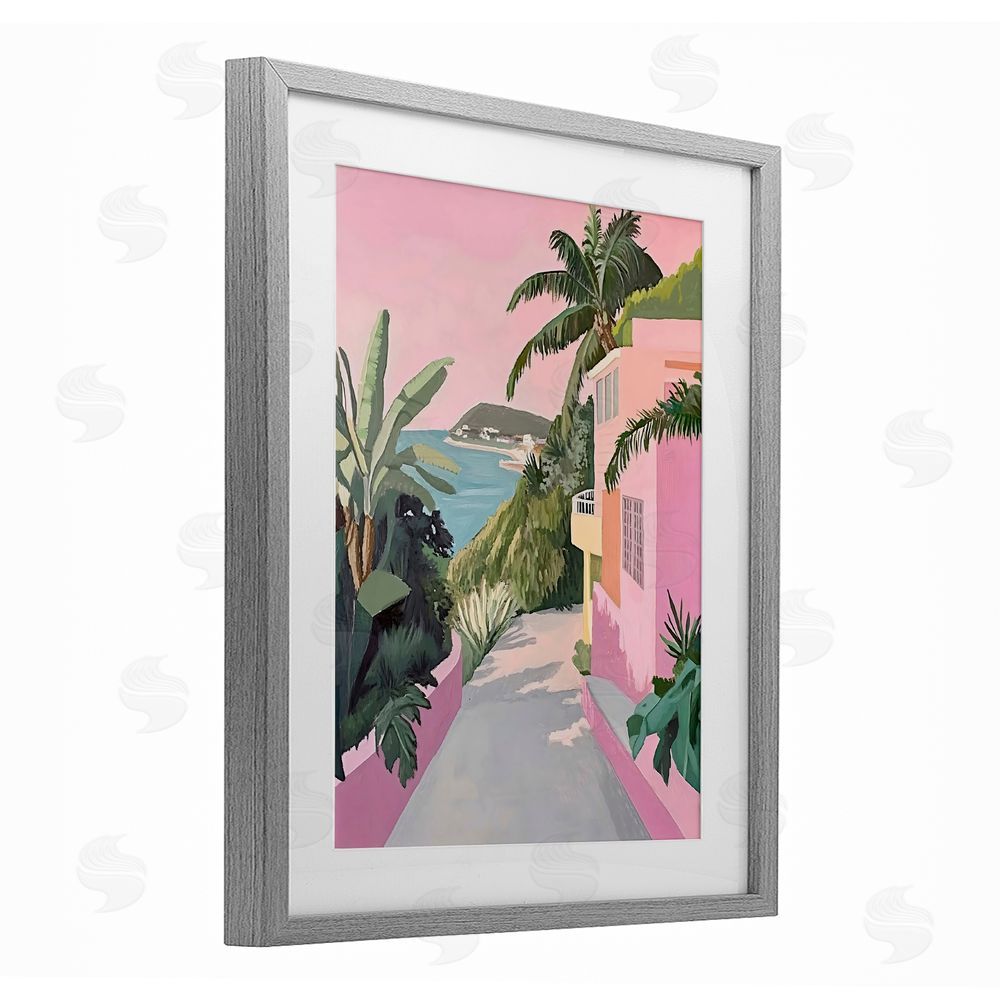 The Prints Vibe Mediterranean Pink Coastal House Gray Framed Print Under Glass Wall Art