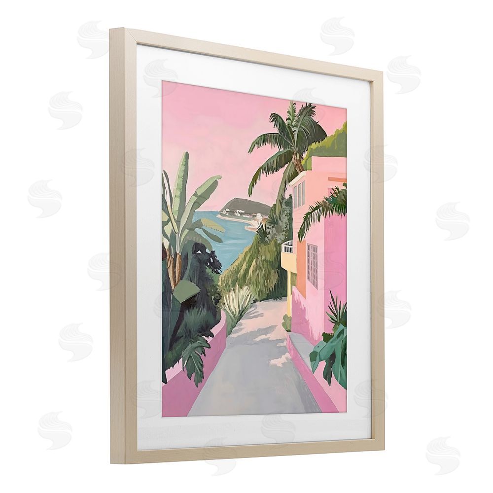 The Prints Vibe Mediterranean Pink Coastal House Brown Framed Print Under Glass Wall Art