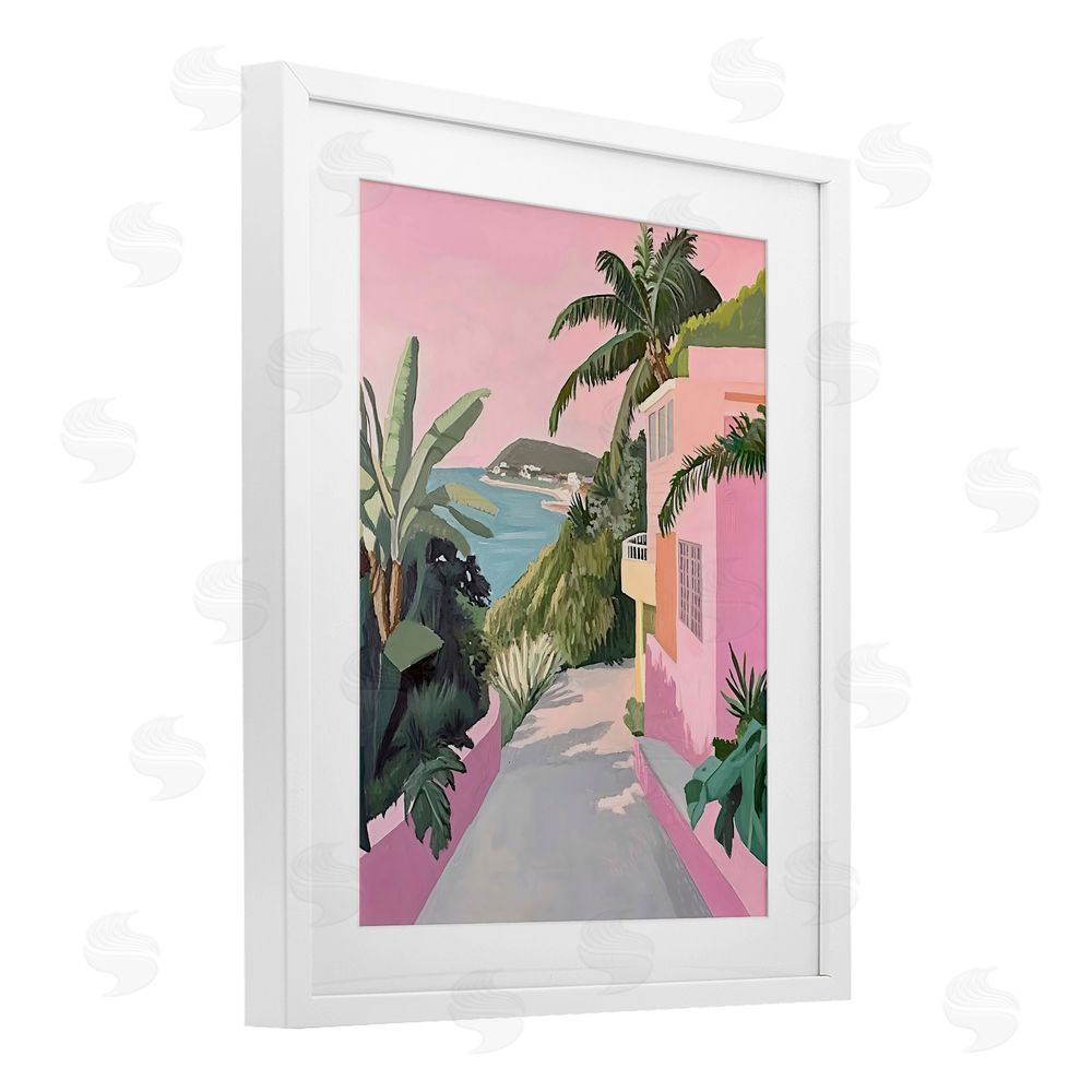 The Prints Vibe Mediterranean Pink Coastal House White Framed Print Under Glass Wall Art