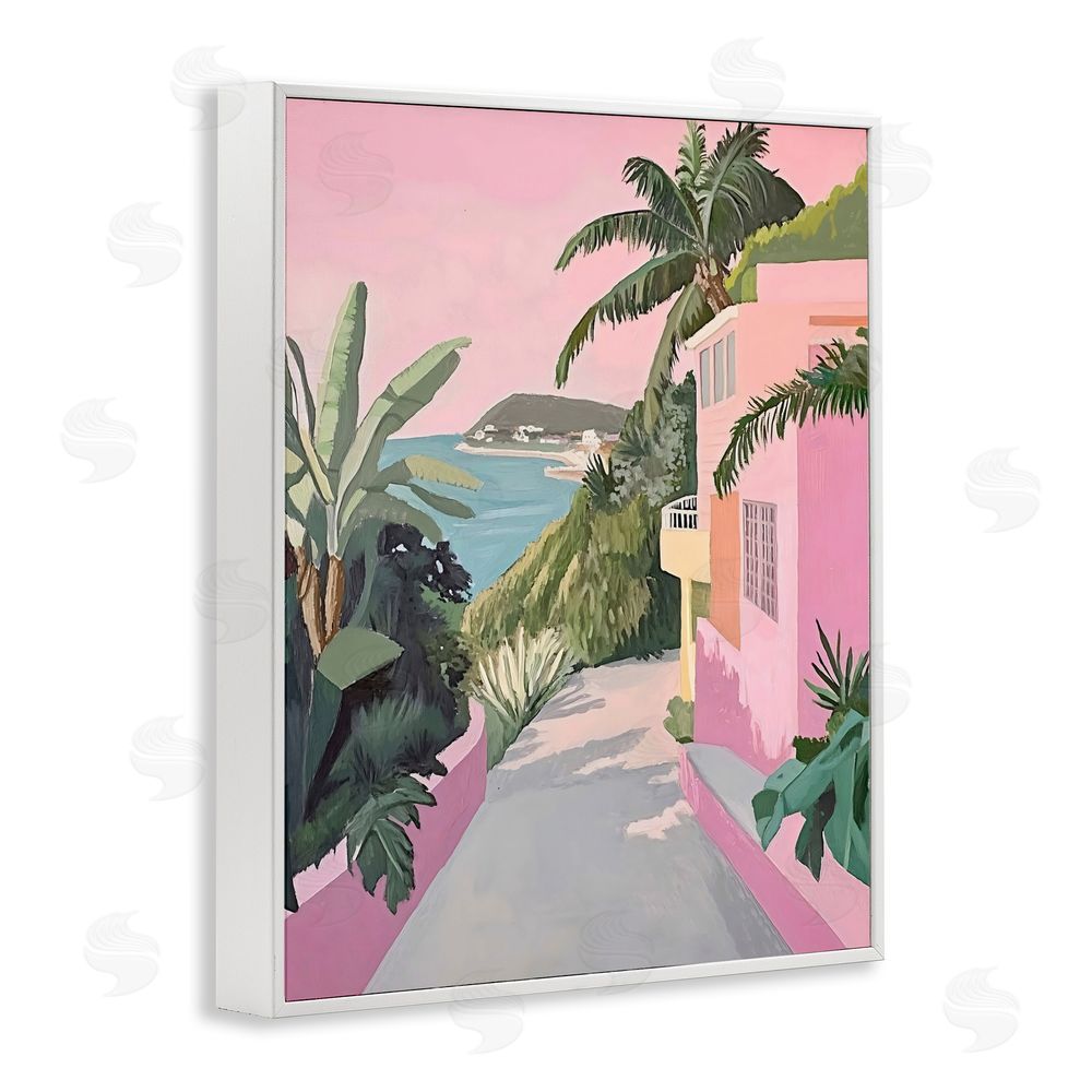 The Prints Vibe Mediterranean Pink Coastal House White Framed Giclee Wall Art