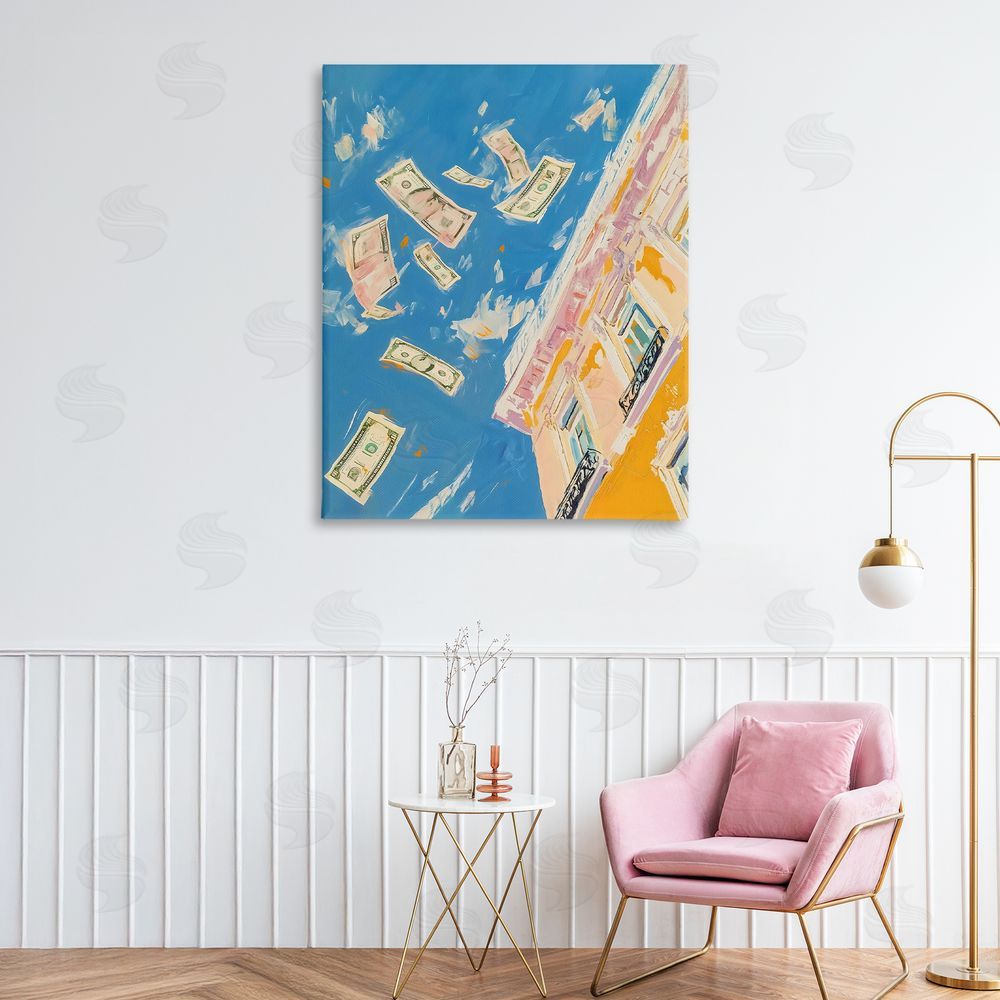 The Prints Vibe Money Rain Drifting Past Windows Stretched Canvas Wall Art in Room