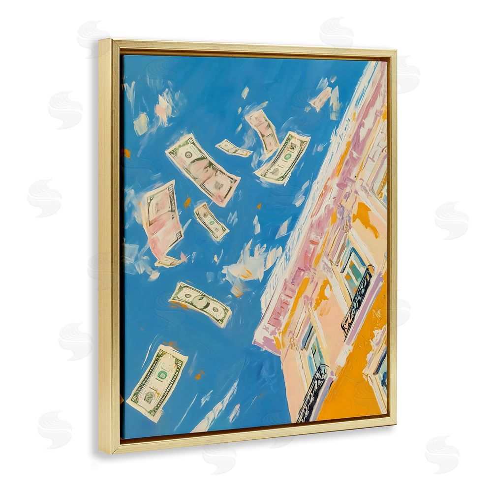 The Prints Vibe Money Rain Drifting Past Windows Gold Floating Framed Canvas Wall Art