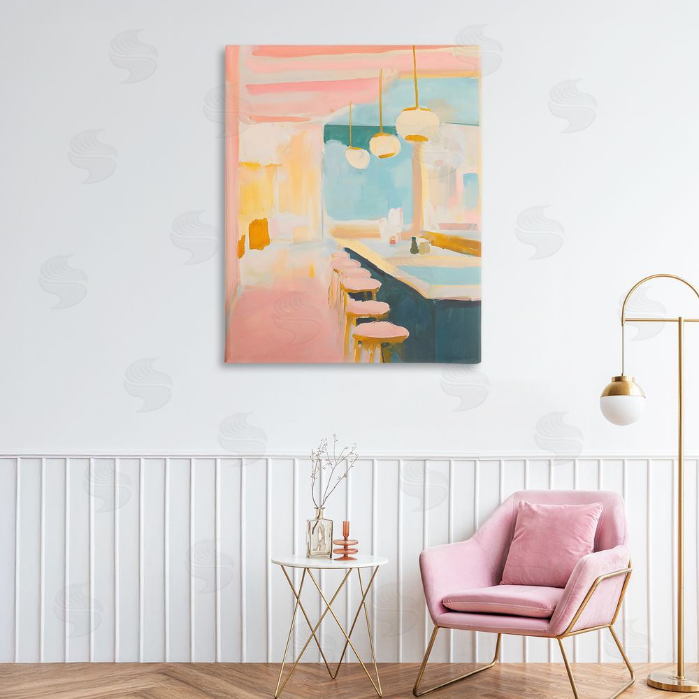 The Prints Vibe Pastel Pink Bar Stools Stretched Canvas Wall Art in Room