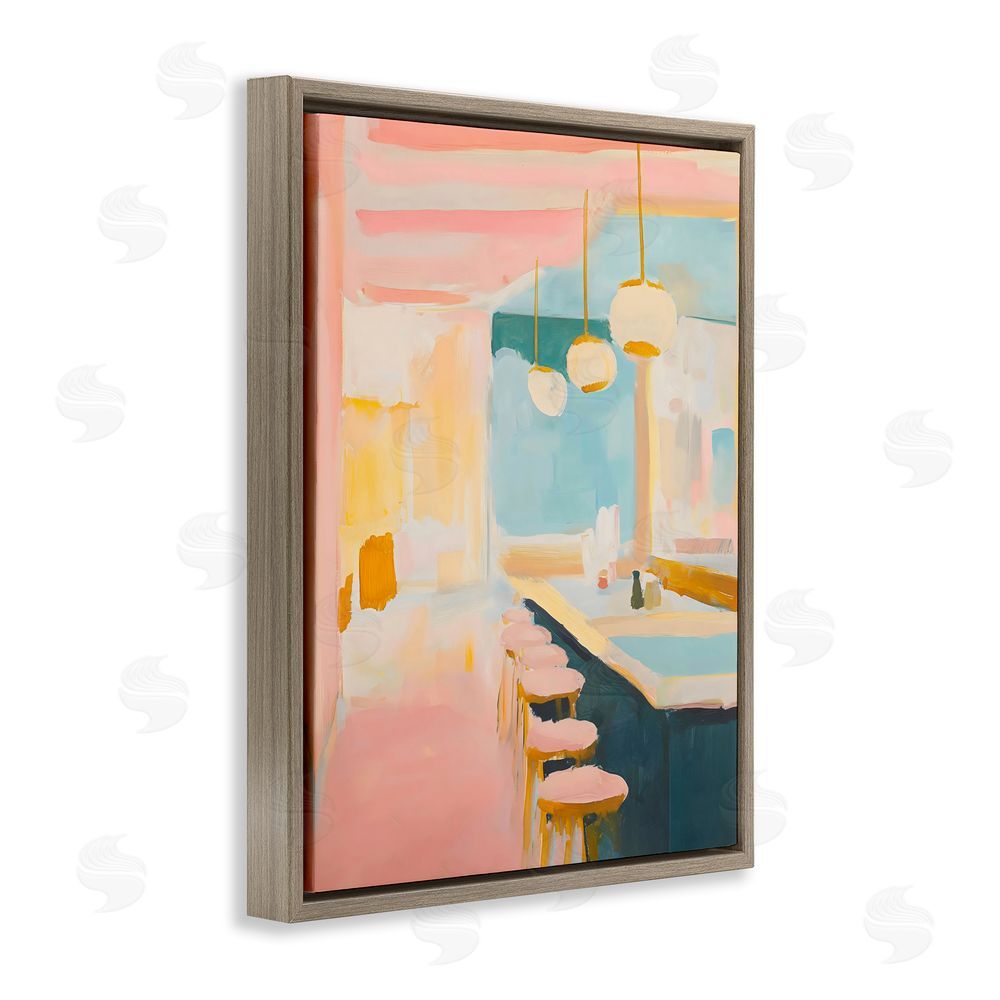 The Prints Vibe Pastel Pink Bar Stools Brown Floating Framed Canvas Wall Art