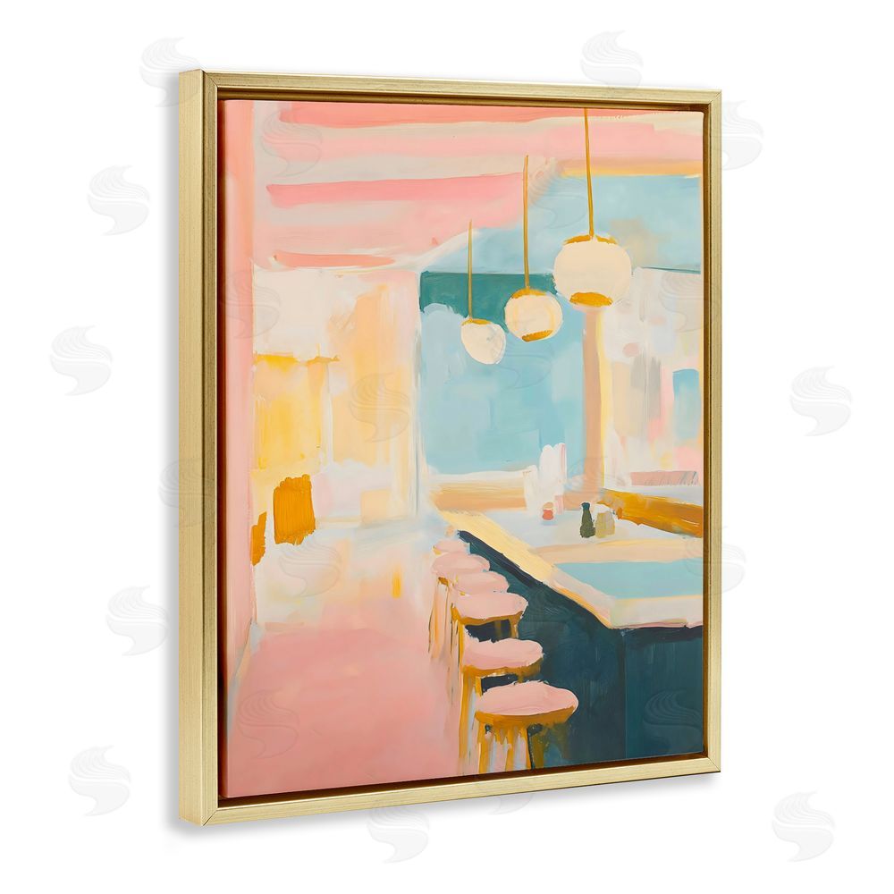 The Prints Vibe Pastel Pink Bar Stools Gold Floating Framed Canvas Wall Art