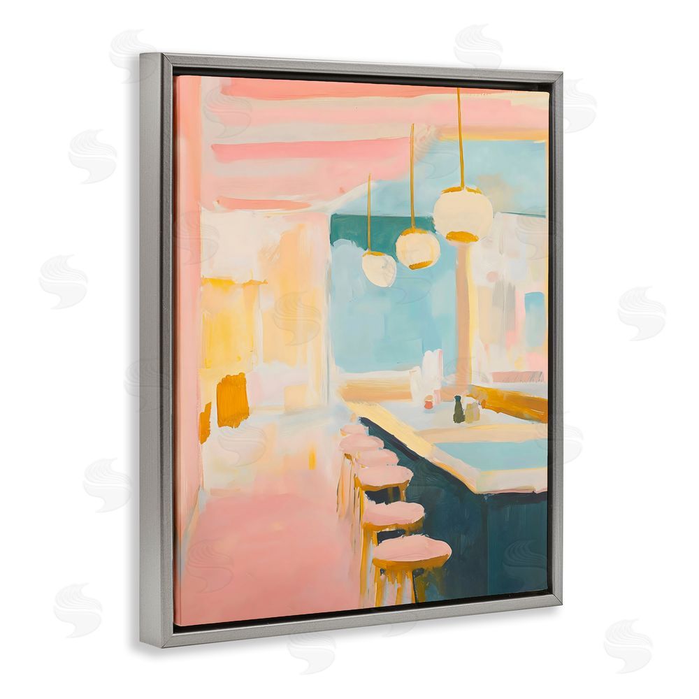 The Prints Vibe Pastel Pink Bar Stools Gray Floating Framed Canvas Wall Art
