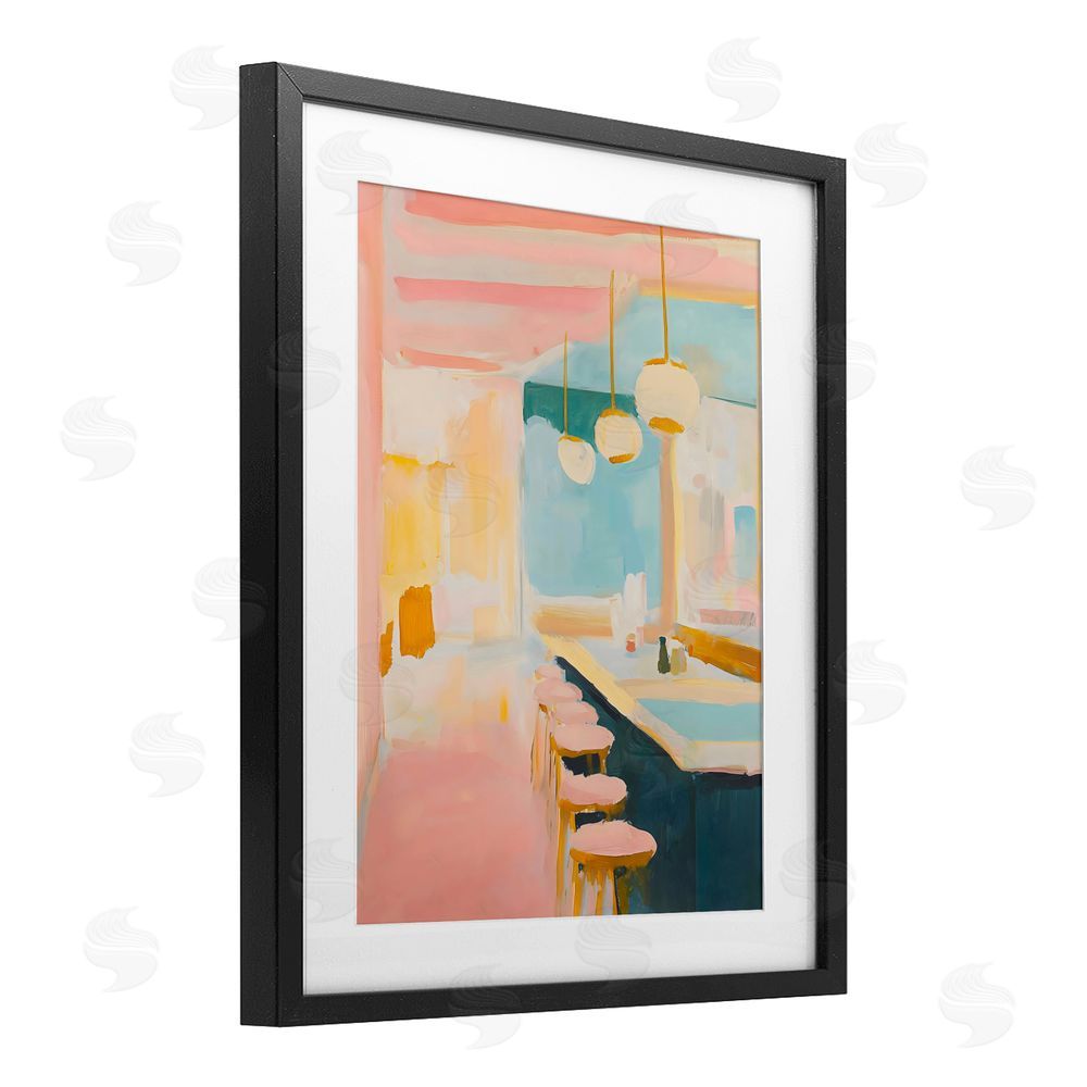 The Prints Vibe Pastel Pink Bar Stools Black Framed Print Under Glass Wall Art