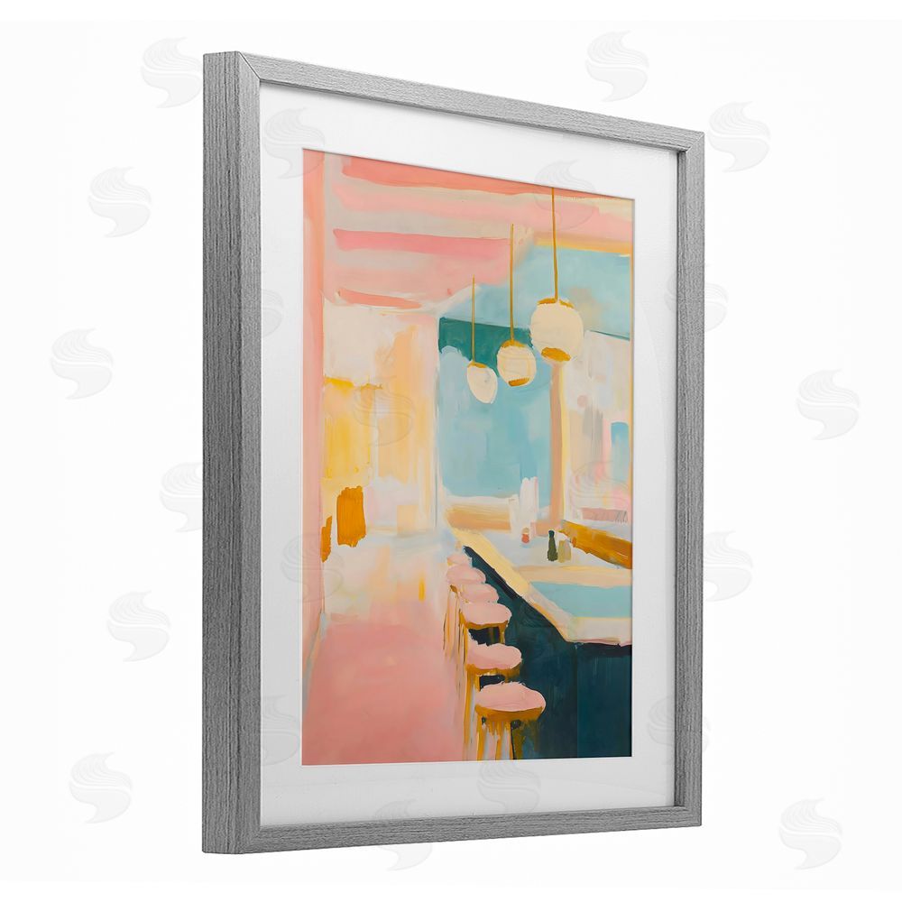 The Prints Vibe Pastel Pink Bar Stools Gray Framed Print Under Glass Wall Art