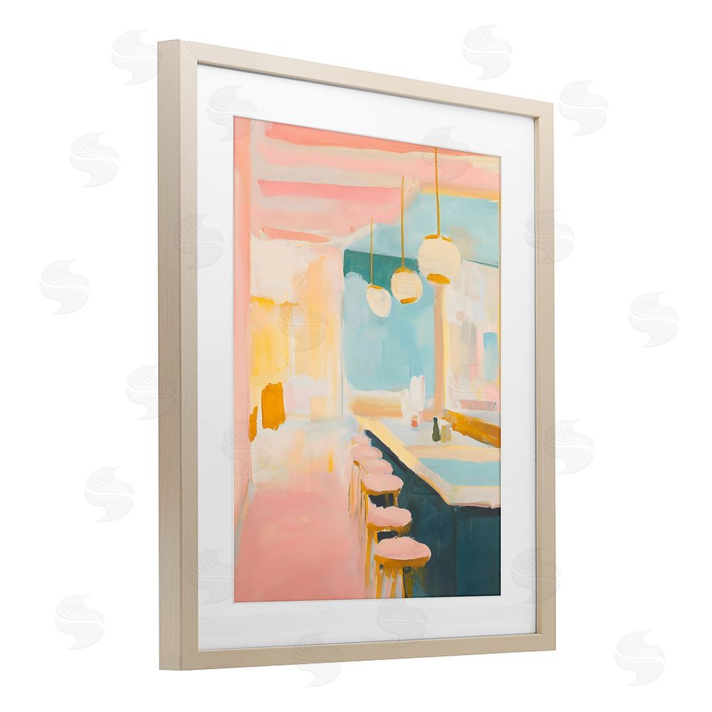 The Prints Vibe Pastel Pink Bar Stools Brown Framed Print Under Glass Wall Art