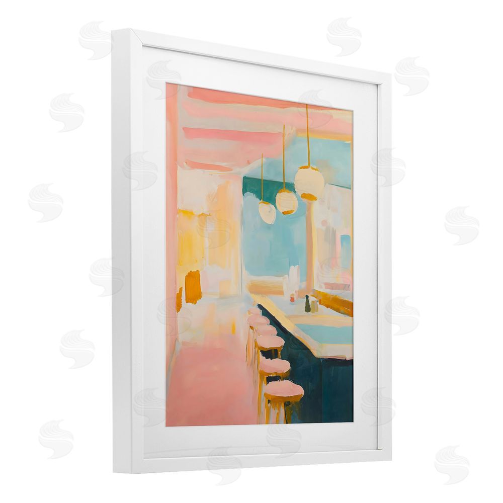 The Prints Vibe Pastel Pink Bar Stools White Framed Print Under Glass Wall Art