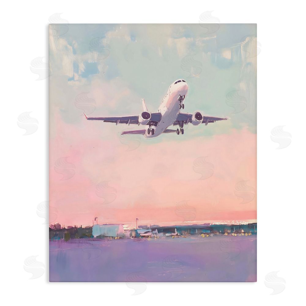 The Prints Vibe Airplane Takeoff into Pastel Skies Stretched Canvas Wall Art Print