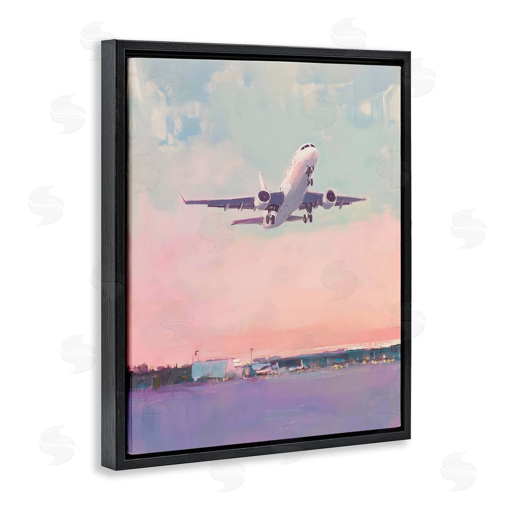 The Prints Vibe Airplane Takeoff into Pastel Skies Black Floating Frame Stretched Canvas Wall Art Print