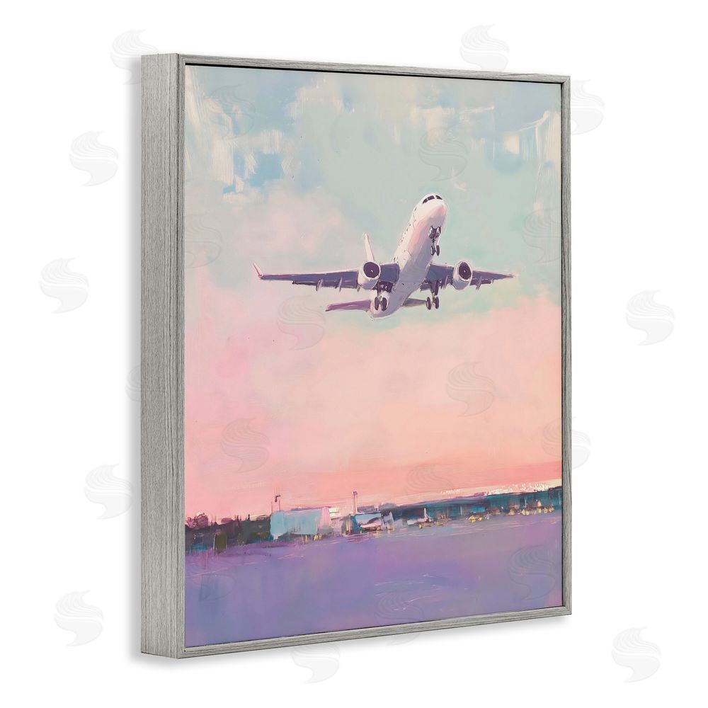 The Prints Vibe Airplane Takeoff into Pastel Skies Gray Framed Giclee Wall Art Print