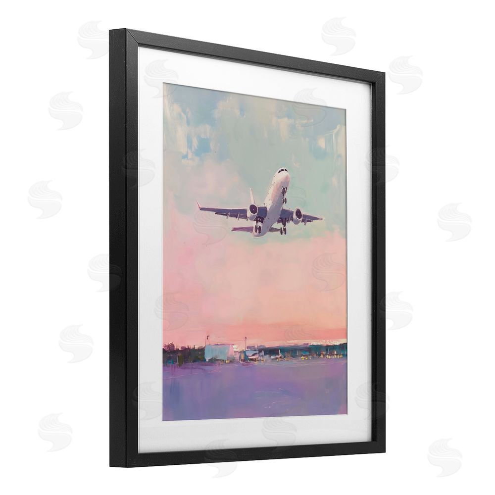 The Prints Vibe Airplane Takeoff into Pastel Skies Black Framed Print Under Glass with Matting Wall Art