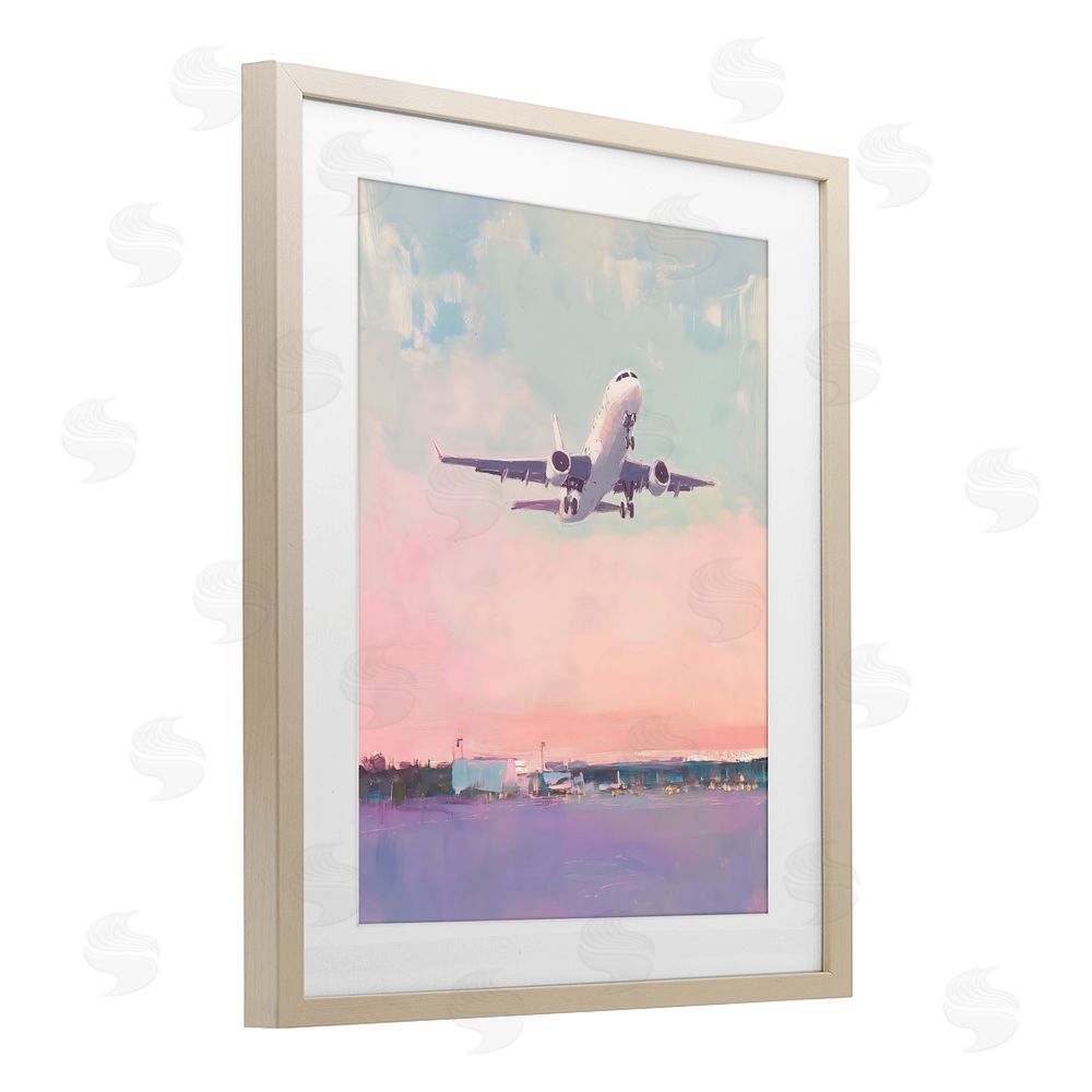 The Prints Vibe Airplane Takeoff into Pastel Skies Brown Framed Print Under Glass with Matting Wall Art