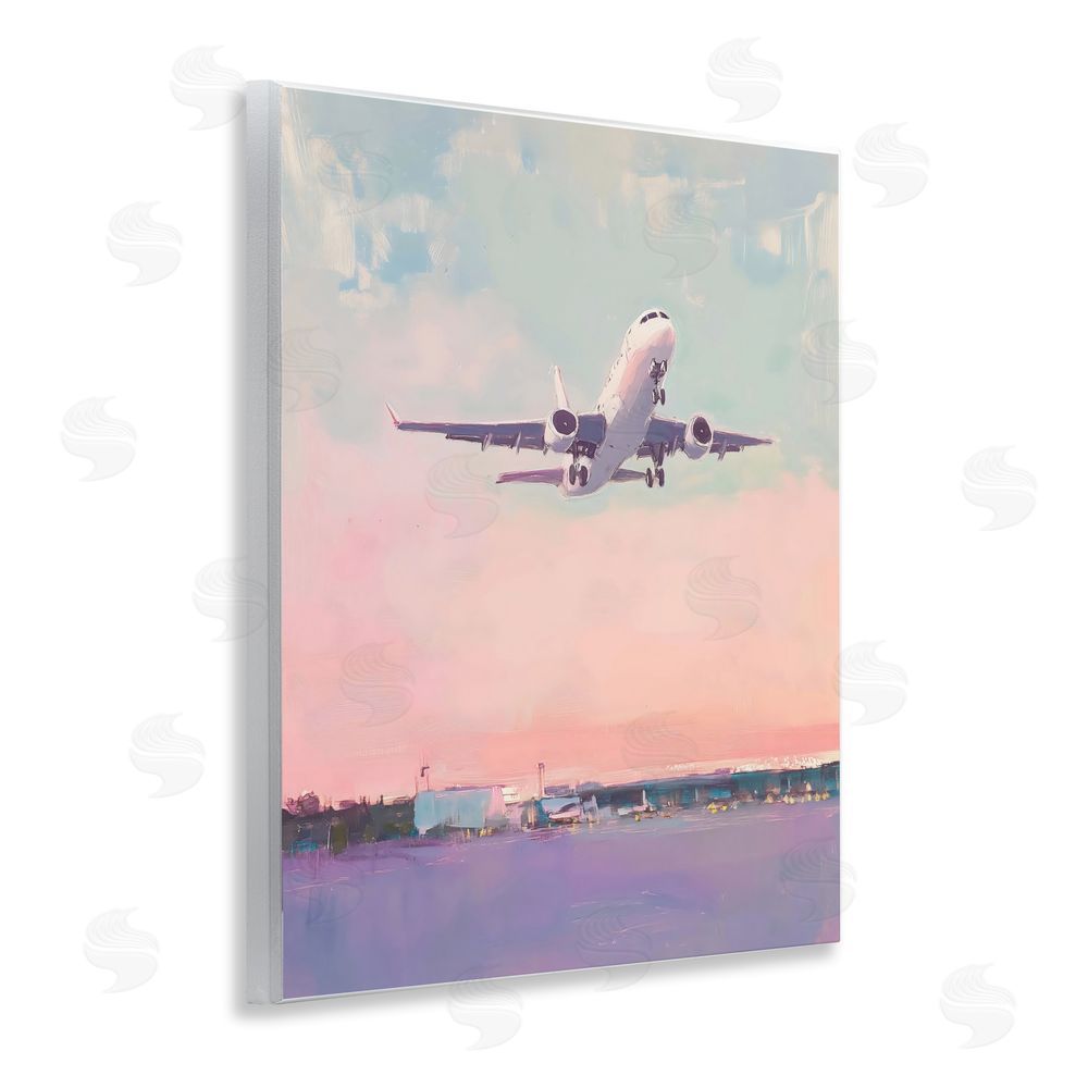The Prints Vibe Airplane Takeoff into Pastel Skies Wall Plaque Art Print with White Foil Wrap