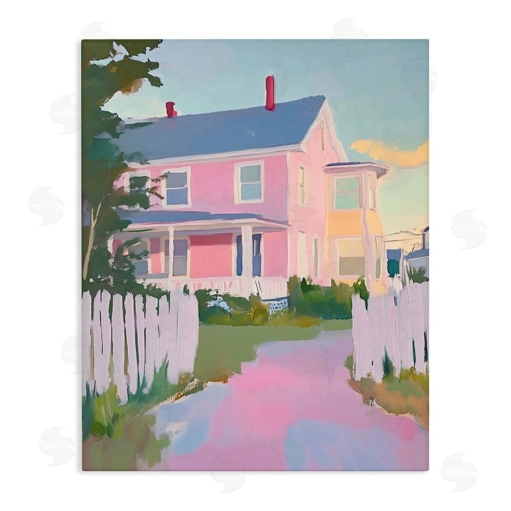 The Prints Vibe Pastel Pink House with Fence Stretched Canvas Wall Art