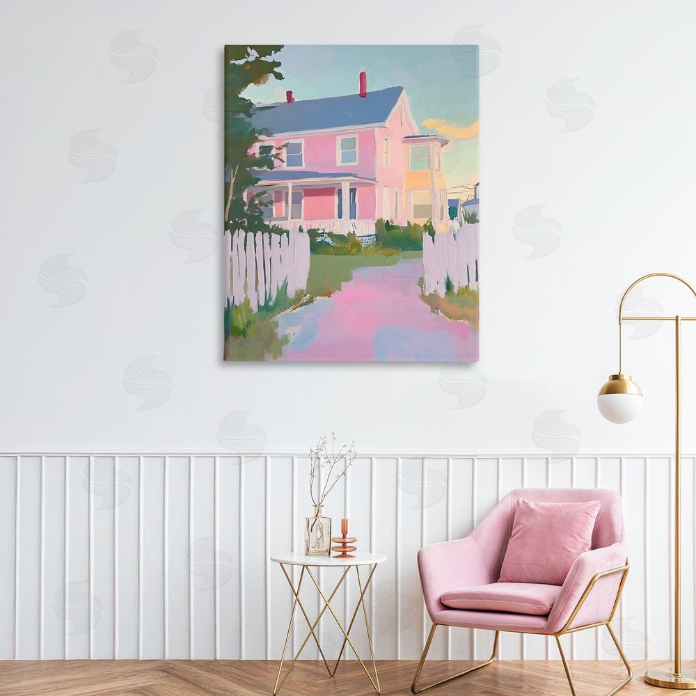 The Prints Vibe Pastel Pink House with Fence Stretched Canvas Wall Art in Room