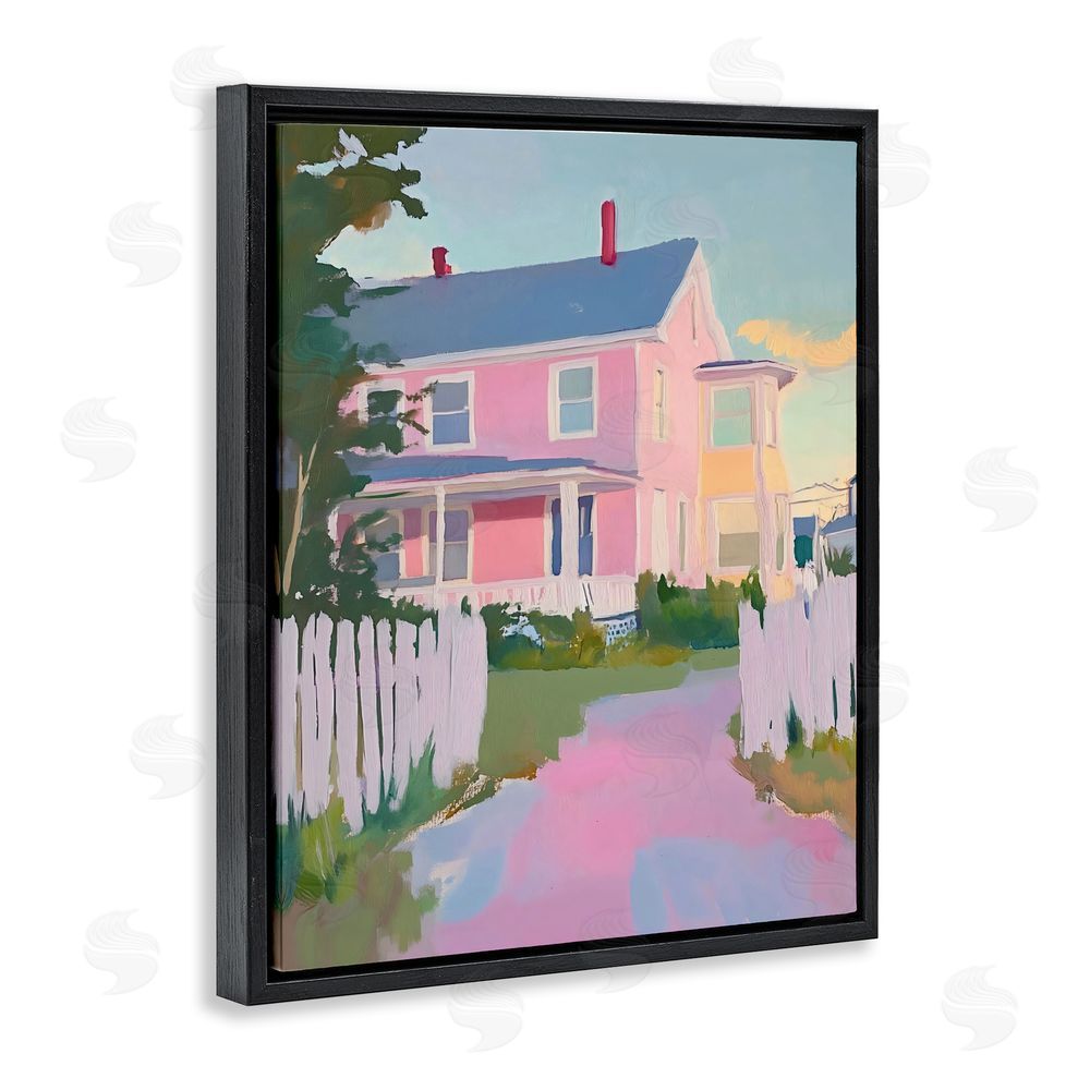 The Prints Vibe Pastel Pink House with Fence Black Floating Framed Canvas Wall Art