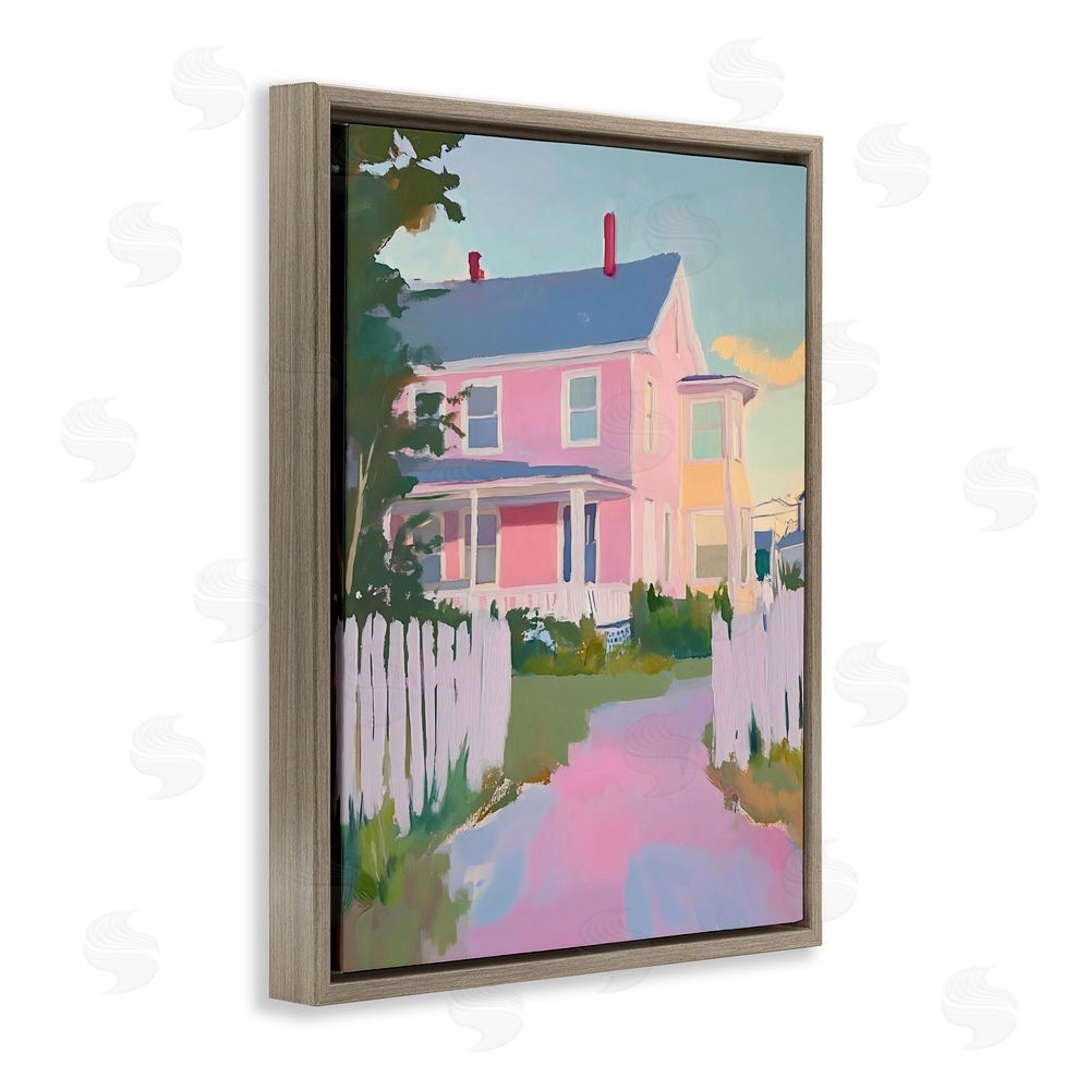The Prints Vibe Pastel Pink House with Fence Brown Floating Framed Canvas Wall Art