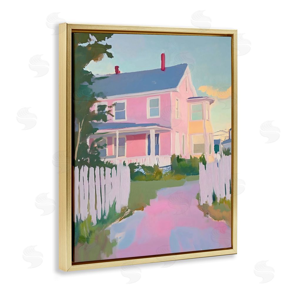 The Prints Vibe Pastel Pink House with Fence Gold Floating Framed Canvas Wall Art