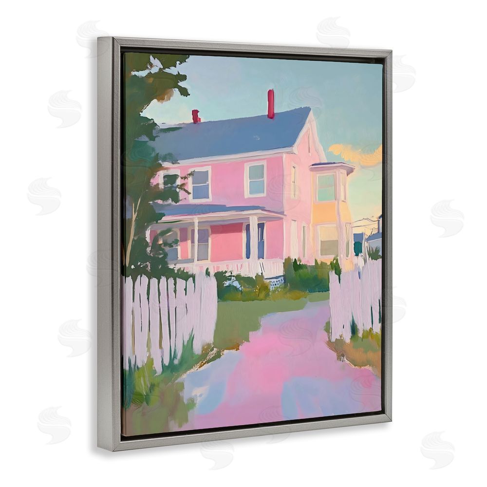 The Prints Vibe Pastel Pink House with Fence Gray Floating Framed Canvas Wall Art