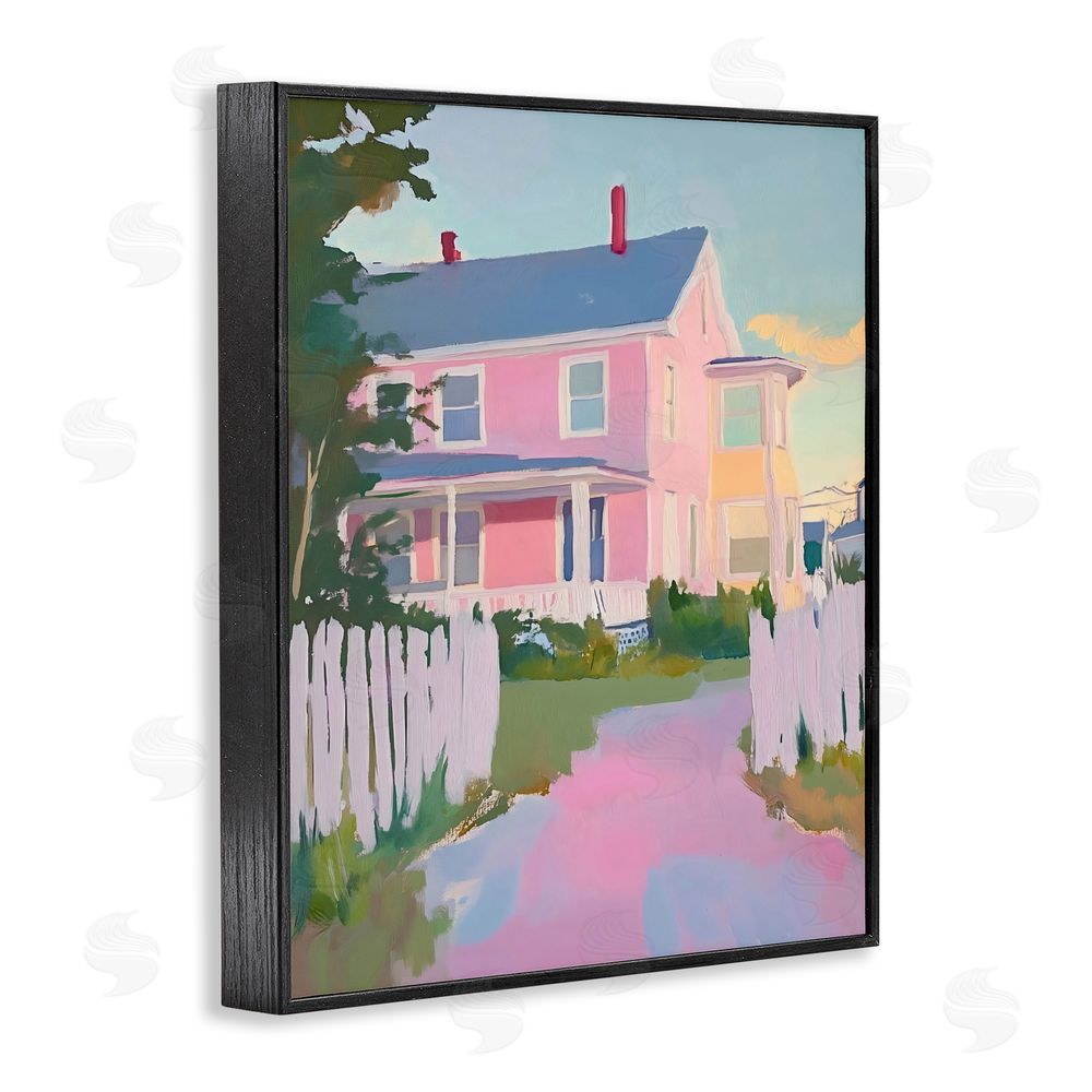 The Prints Vibe Pastel Pink House with Fence Black Framed Giclee Wall Art