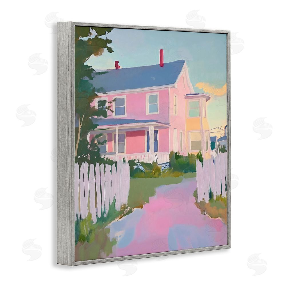 The Prints Vibe Pastel Pink House with Fence Gray Framed Giclee Wall Art