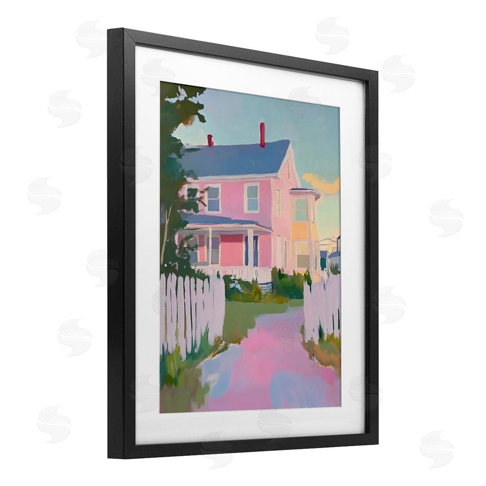 The Prints Vibe Pastel Pink House with Fence Black Framed Print Under Glass Wall Art