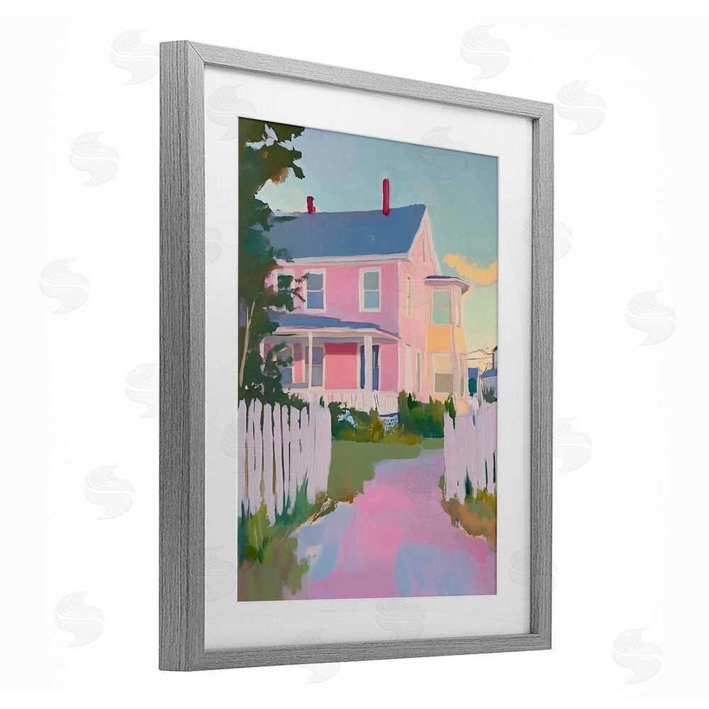 The Prints Vibe Pastel Pink House with Fence Gray Framed Print Under Glass Wall Art