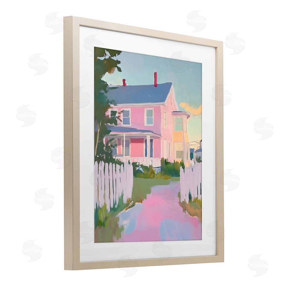 The Prints Vibe Pastel Pink House with Fence Brown Framed Print Under Glass Wall Art