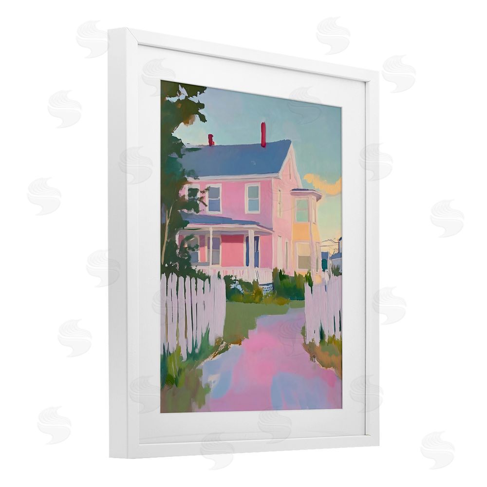 The Prints Vibe Pastel Pink House with Fence White Framed Print Under Glass Wall Art