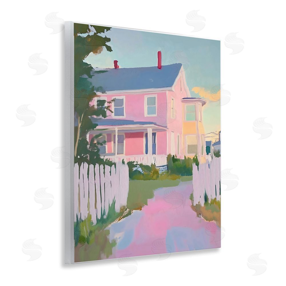 The Prints Vibe Pastel Pink House with Fence Wall Plaque Home Decor Art Print