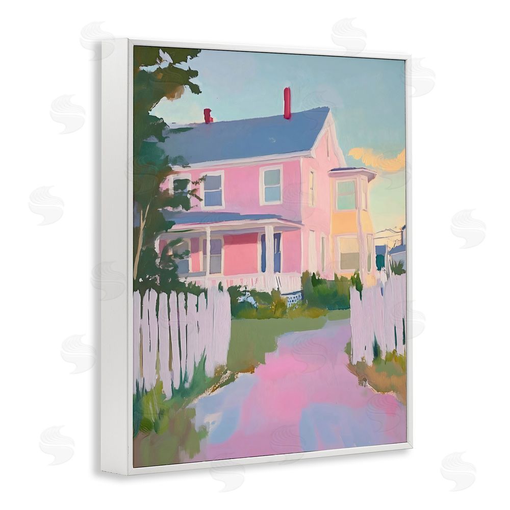 The Prints Vibe Pastel Pink House with Fence White Framed Giclee Wall Art