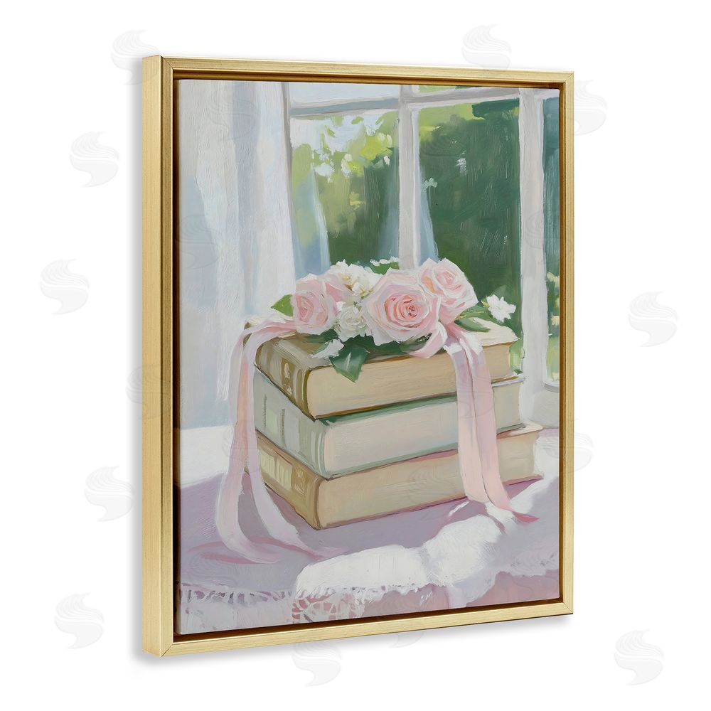 The Prints Vibe Stack Of Books with Roses Gold Floating Framed Canvas Wall Art Print