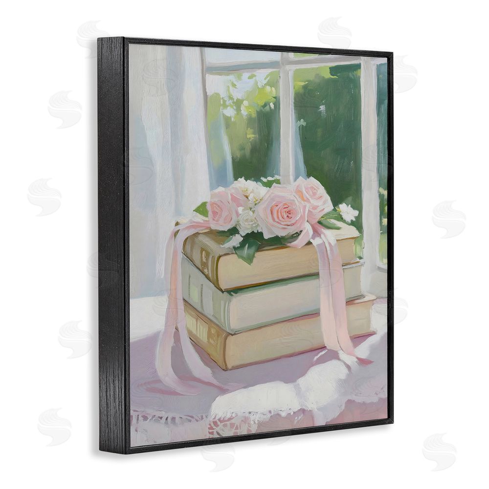 The Prints Vibe Stack Of Books with Roses Black Framed Giclee Wall Art Print