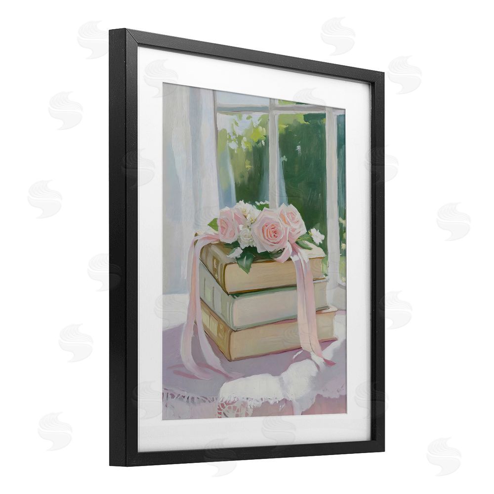 The Prints Vibe Stack Of Books with Roses Black Framed Print Under Glass with White Mat Wall Art