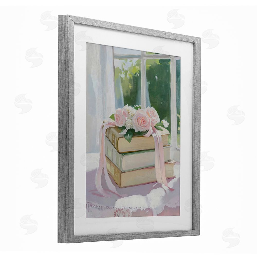The Prints Vibe Stack Of Books with Roses Gray Framed Print Under Glass with White Mat Wall Art