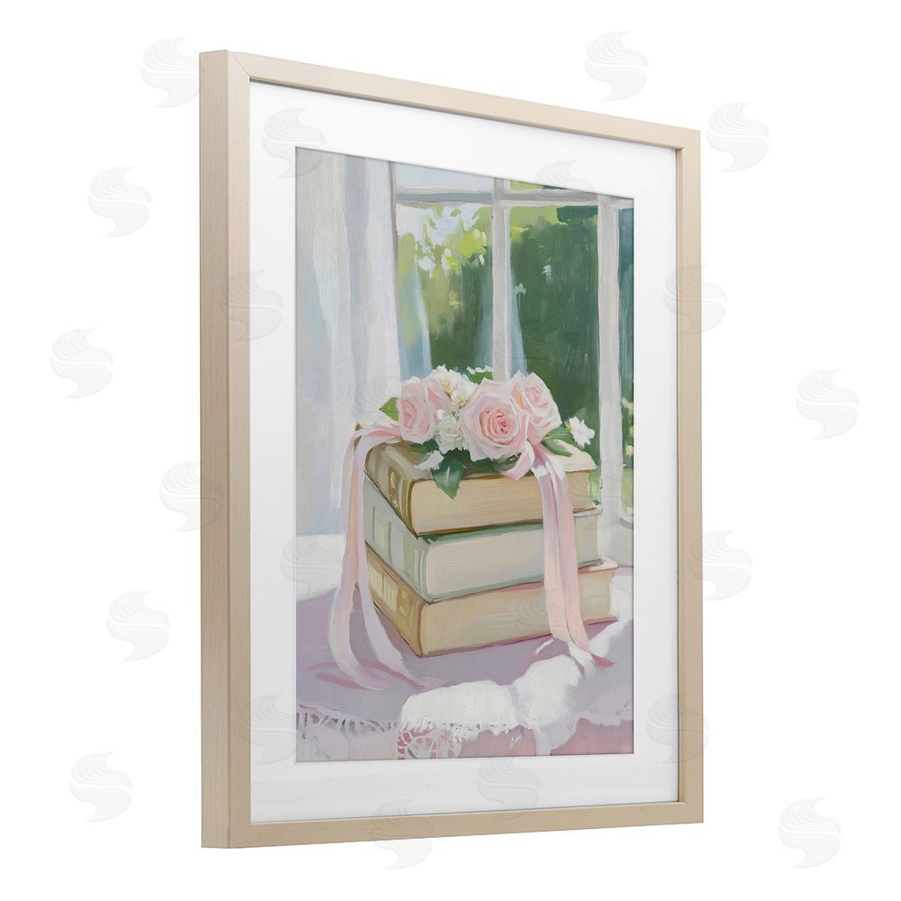The Prints Vibe Stack Of Books with Roses Brown Framed Print Under Glass with White Mat Wall Art
