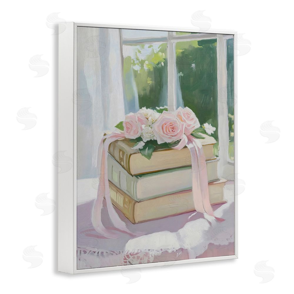 The Prints Vibe Stack Of Books with Roses White Framed Giclee Wall Art Print