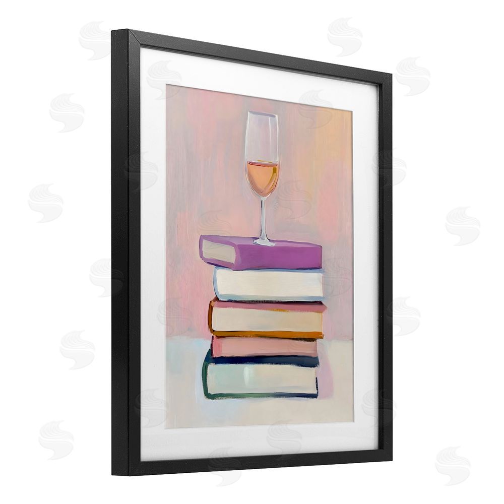 The Prints Vibe Books & Champagne Lifestyle Black Framed Print Under Glass with Matting Wall Art
