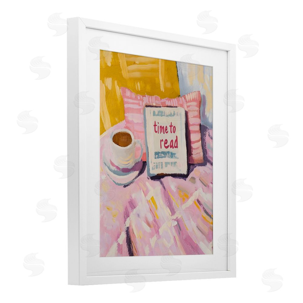 The Prints Vibe Time To Read in Morning White Framed Print Under Glass with White Mat Wall Art