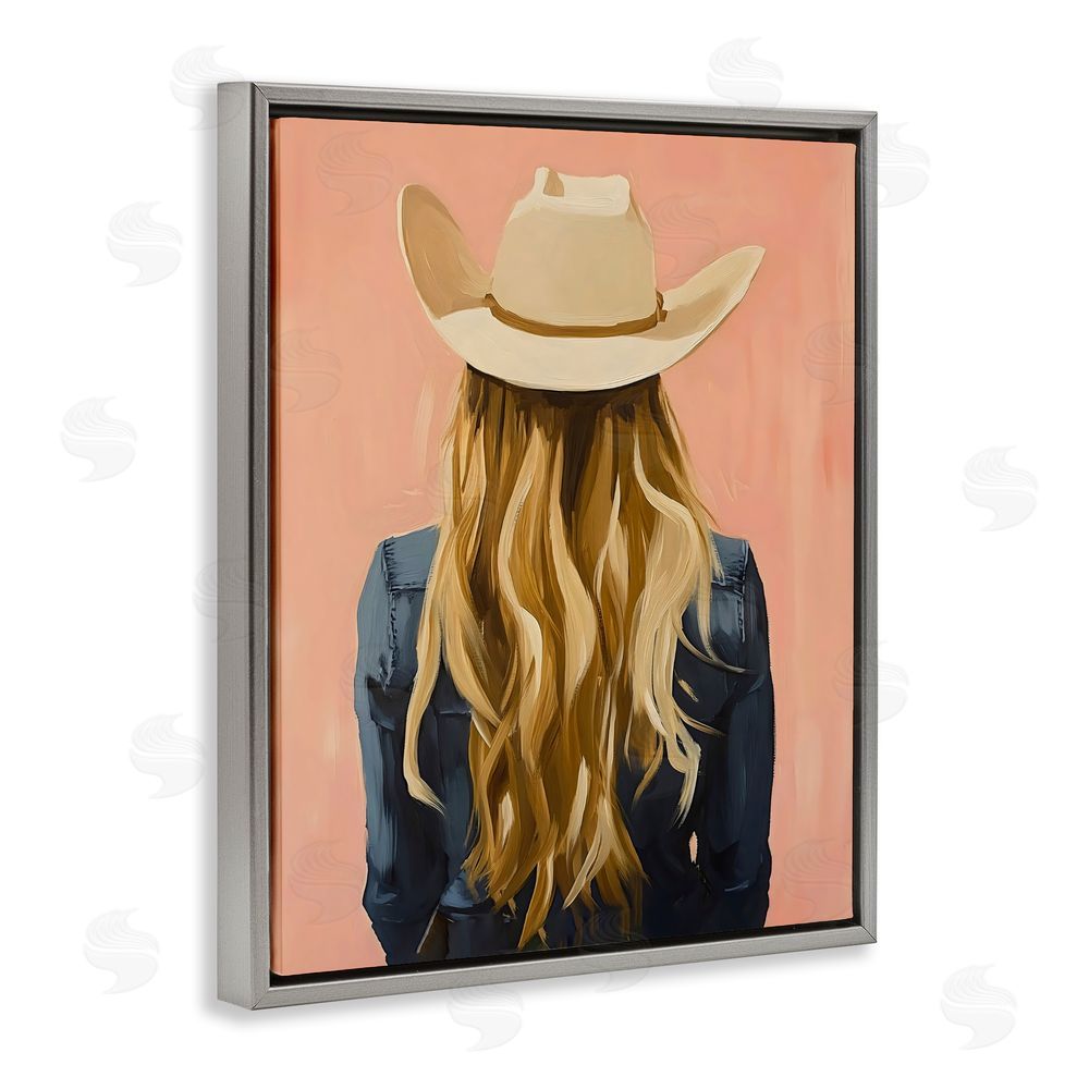 The Prints Vibe Blonde Cowgirl Back View Gray Floating Frame Stretched Canvas Wall Art Print