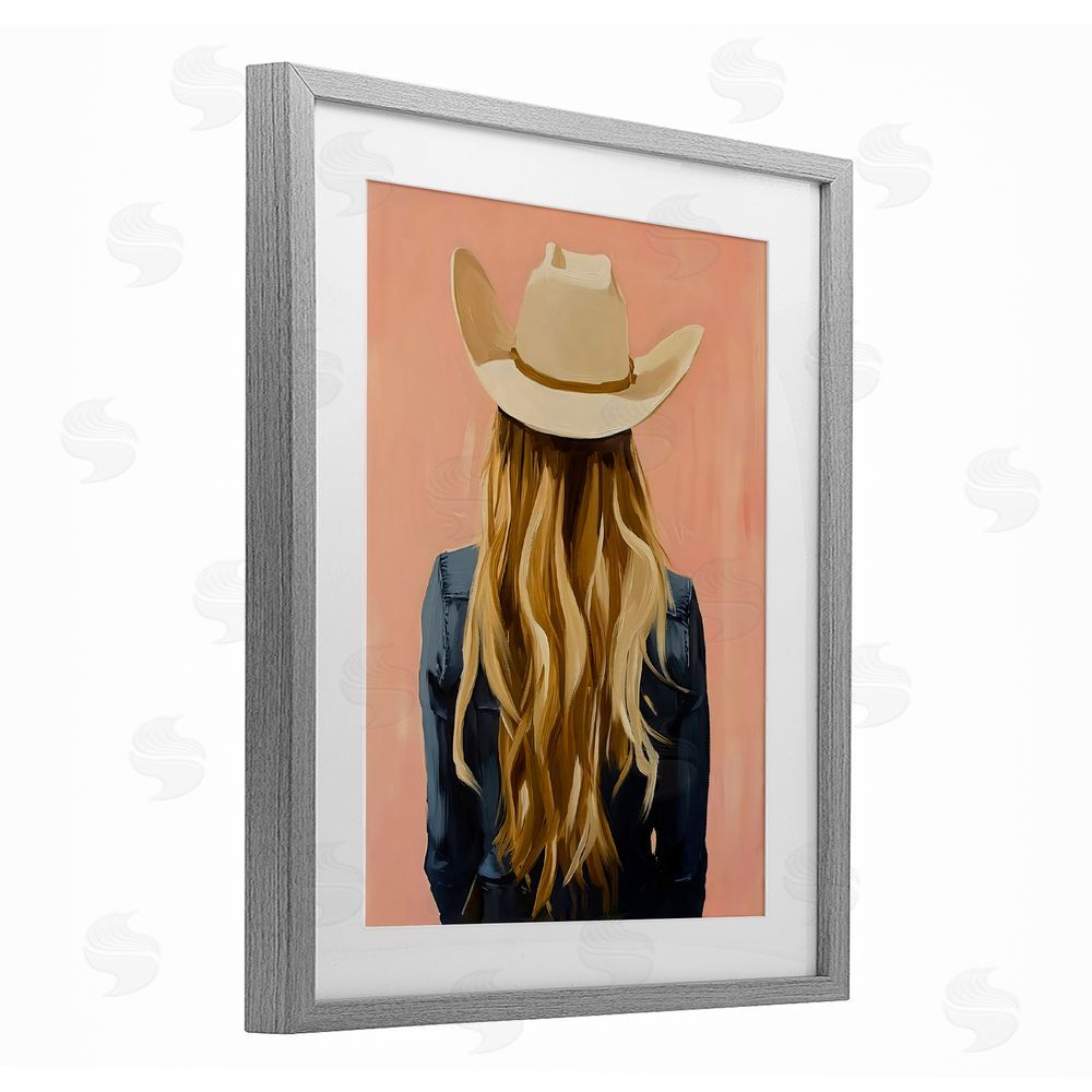 The Prints Vibe Blonde Cowgirl Back View Gray Framed Print Under Glass with Matting Wall Art