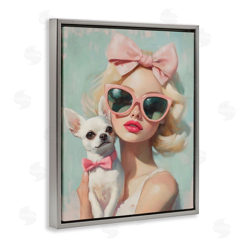 The Prints Vibe Girl with Chihuahua Gray Floating Framed Canvas Wall Art